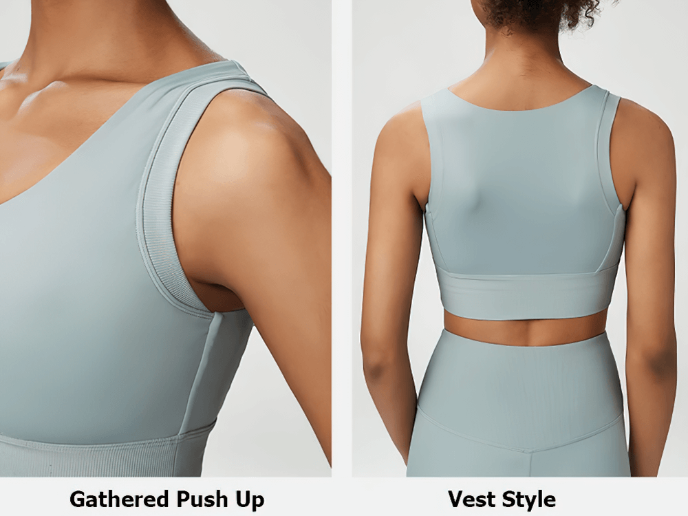 Women's Stylish Joggers and Sports Bra Set SF2089 in serene blue, showcasing gathered push-up front and vest style back design.